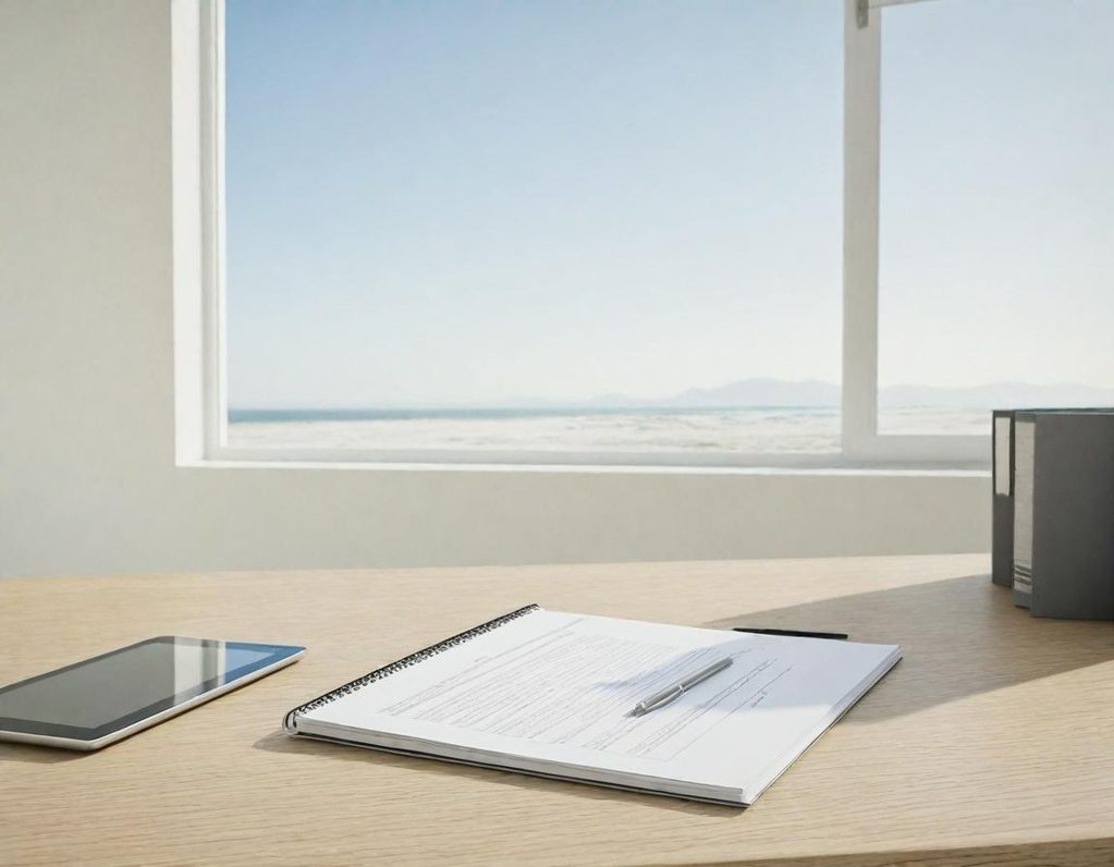 Ein Schreibtisch mit einem Smartphone, einem Notizblock und einer Tasse, Blick auf das Meer.