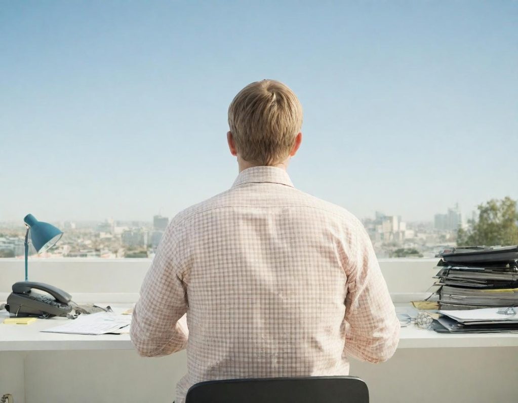 Mann mit Rückenansicht, sitzt am Schreibtisch mit Blick auf eine Stadtlandschaft.